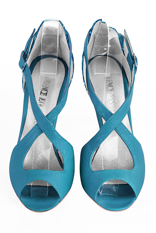 Turquoise blue women's closed back sandals, with crossed straps. Round toe. Very high slim heel. Top view - Florence KOOIJMAN